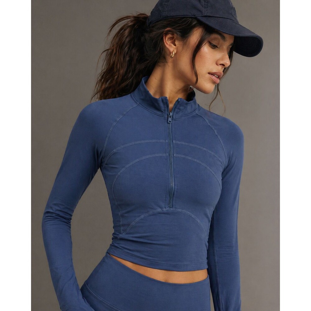 Women’s Blue Cropped Athletic Zip Top Size S Long Sleeve Mock Neck Activewear
